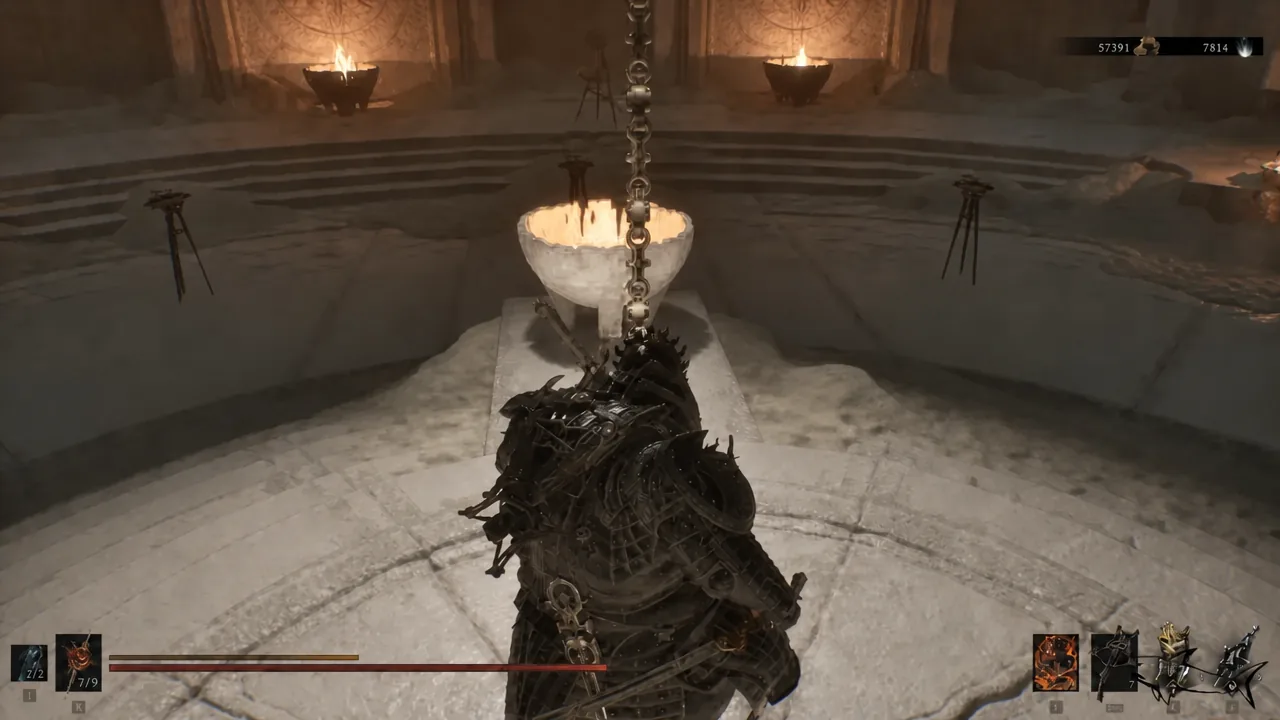The Harbinger standing under a hanging brazier facing the central altar at Marrow Keep