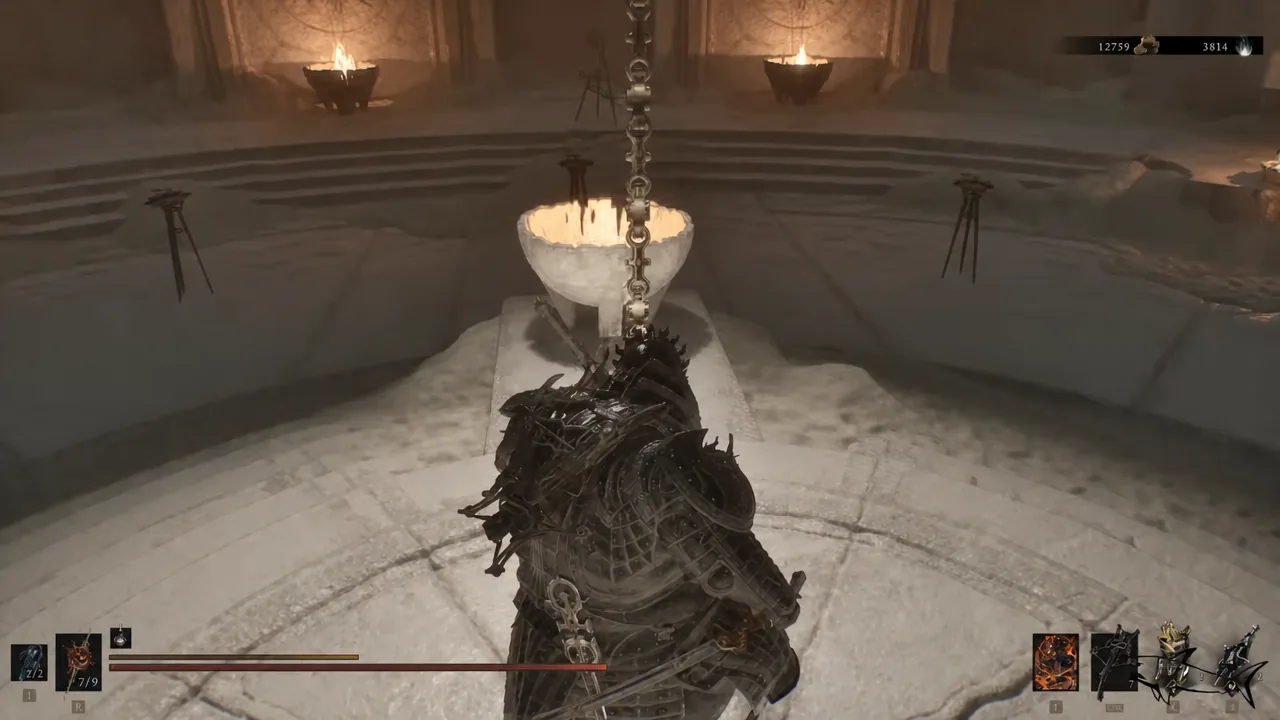 The Harbinger stands before a lit brazier in a candlelit chamber at Marrow Keep