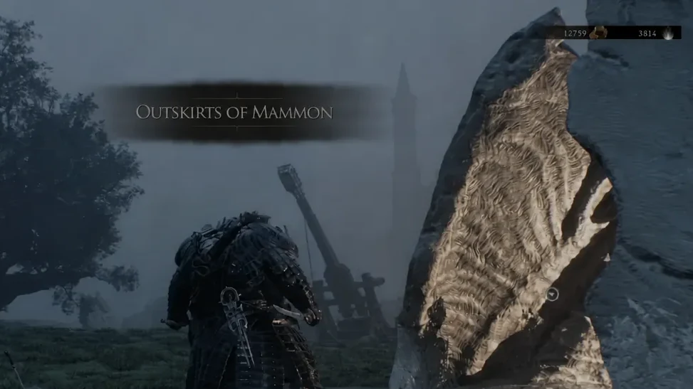 The Outskirts of Mammon region title card appears on screen as gameplay resumes