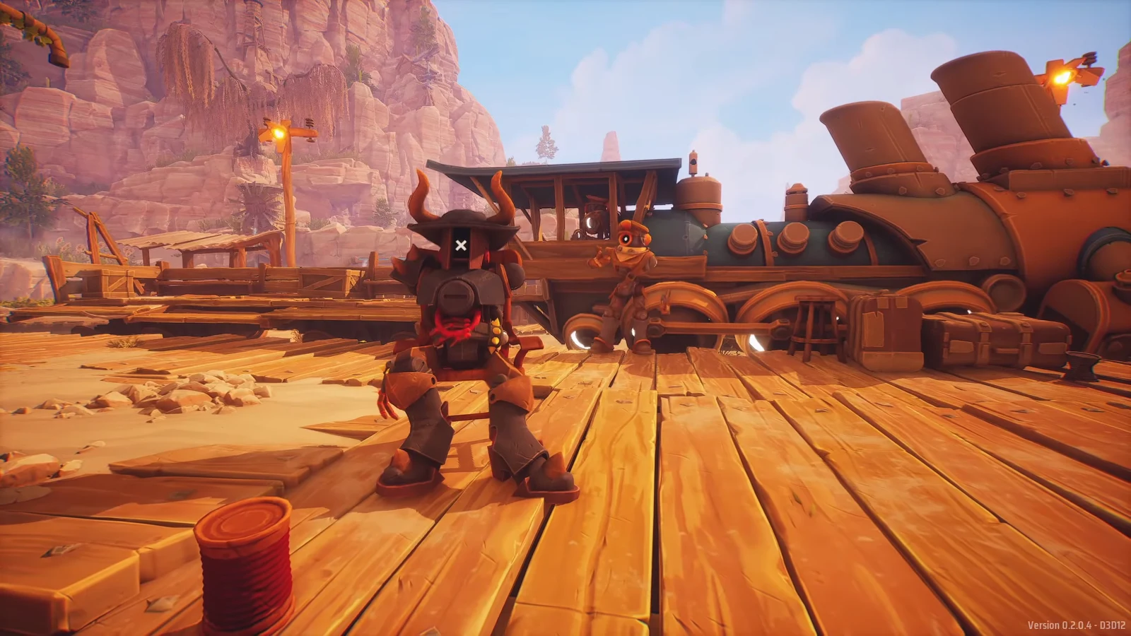 A horned character stands on a wooden platform next to a steam train in a canyon town