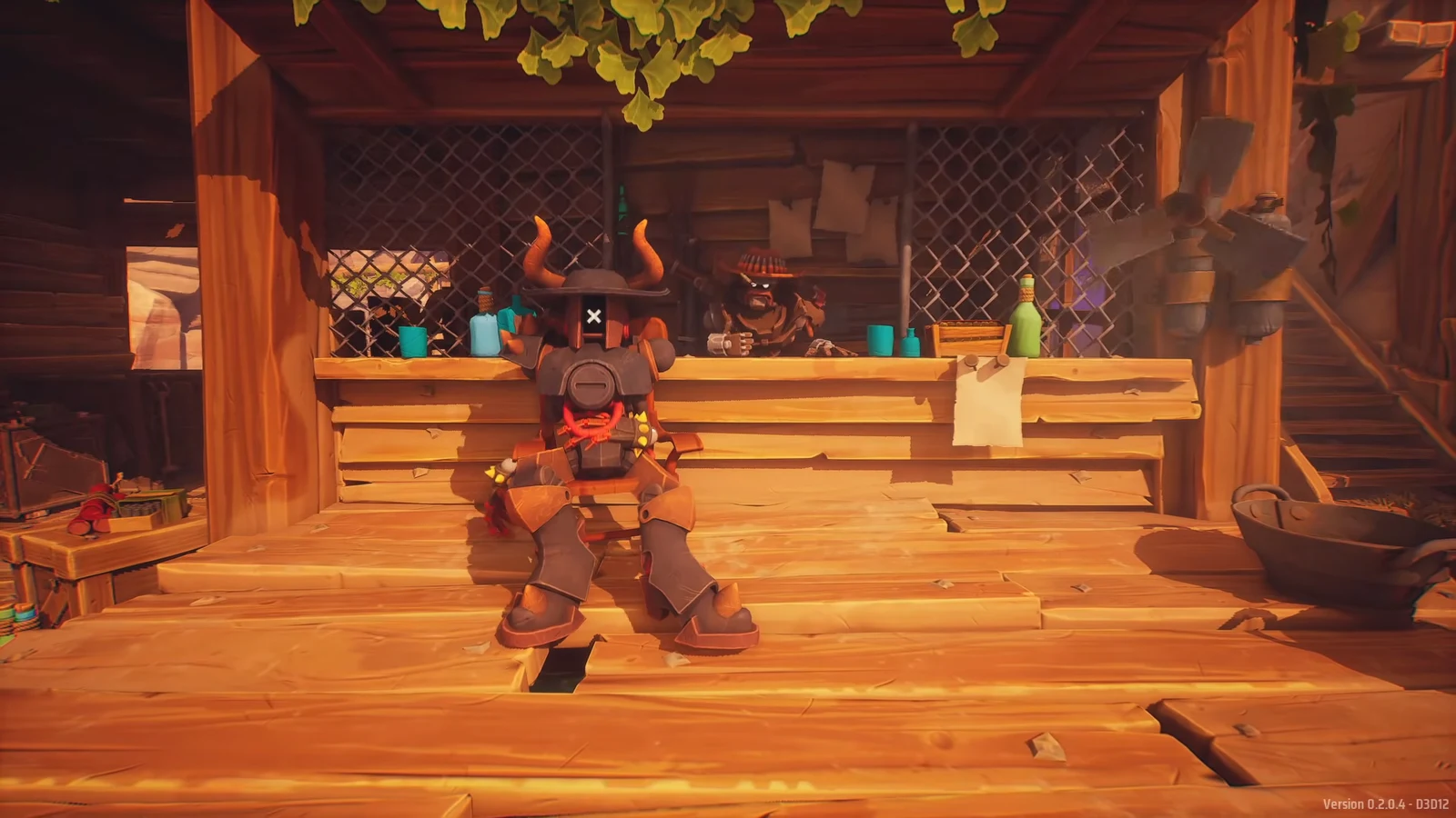 A player stands at a wooden vendor counter with an X prompt to talk to the shopkeeper