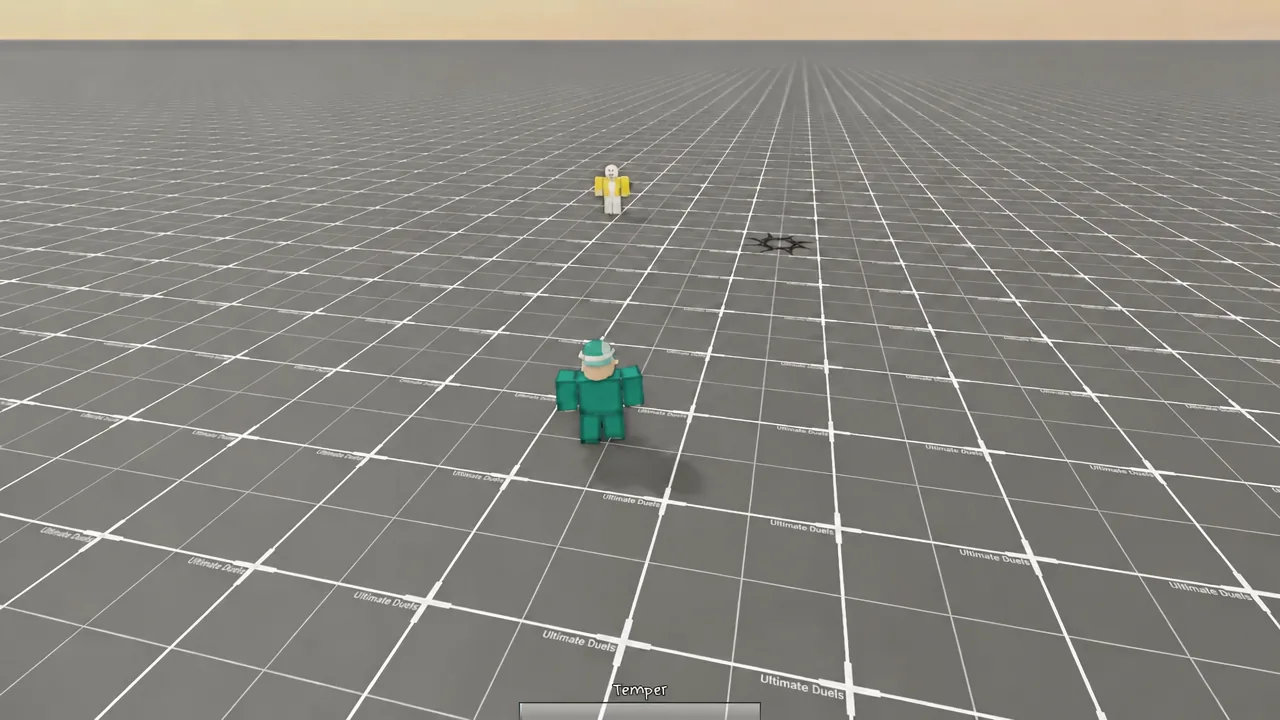 Uro squaring up against a distant opponent on the test arena before an incoming attack.