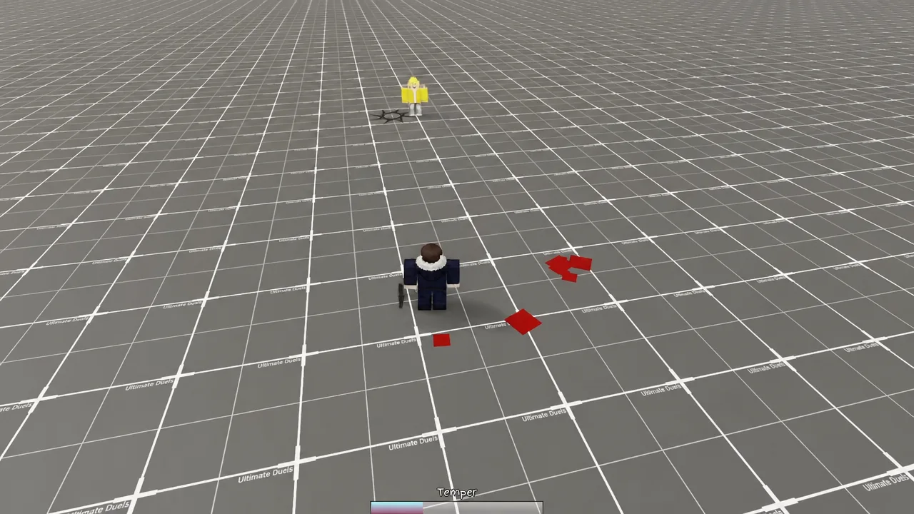 Uro facing an opponent as red ground markers telegraph an incoming projectile attack.