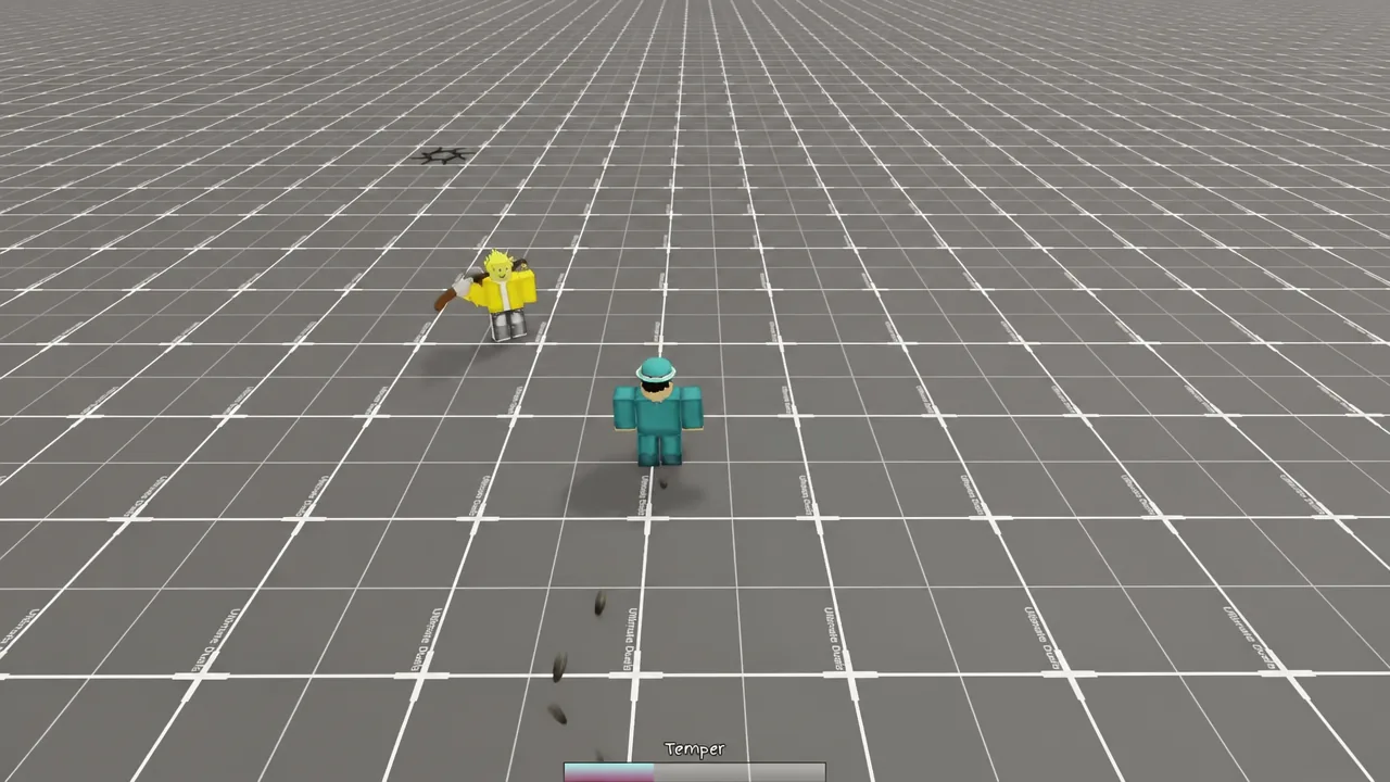 Uro closing distance on a yellow training dummy on the grid arena during a counter test.