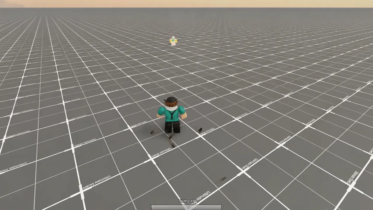 Uro standing on the gridded training field in Jujutsu Shenanigans with the meter visible at the bottom of the screen.