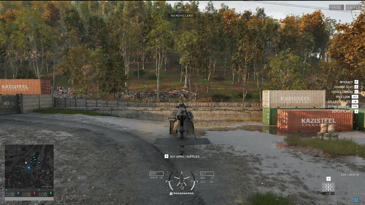 Cockpit view of the Z-20 Lakota with the B button prompt to buy ammo highlighted