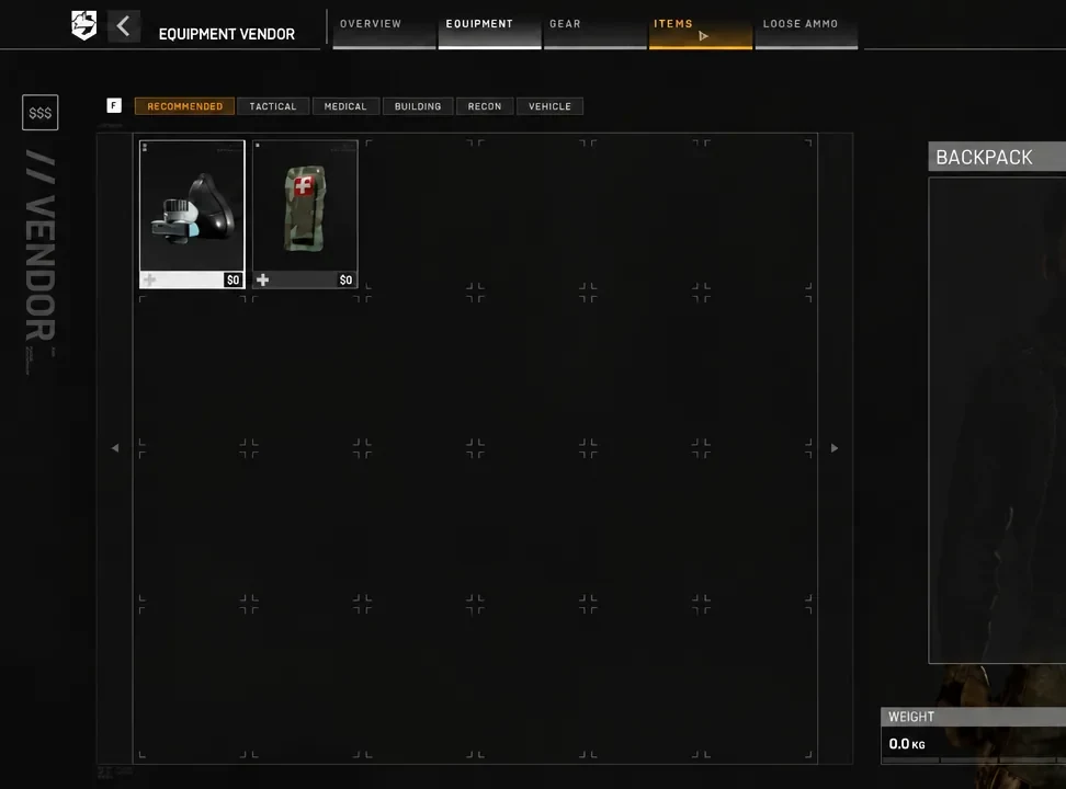 Equipment Vendor screen in WARDOGS with the ITEMS tab open on the recommended supply list
