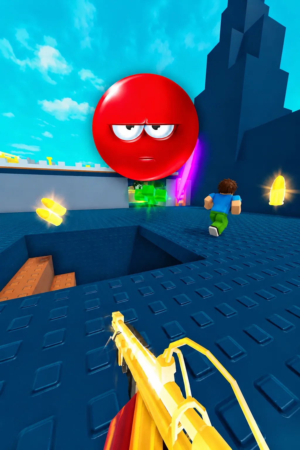 Player runs toward a large red enemy while aiming a gold-finished weapon in Rivals