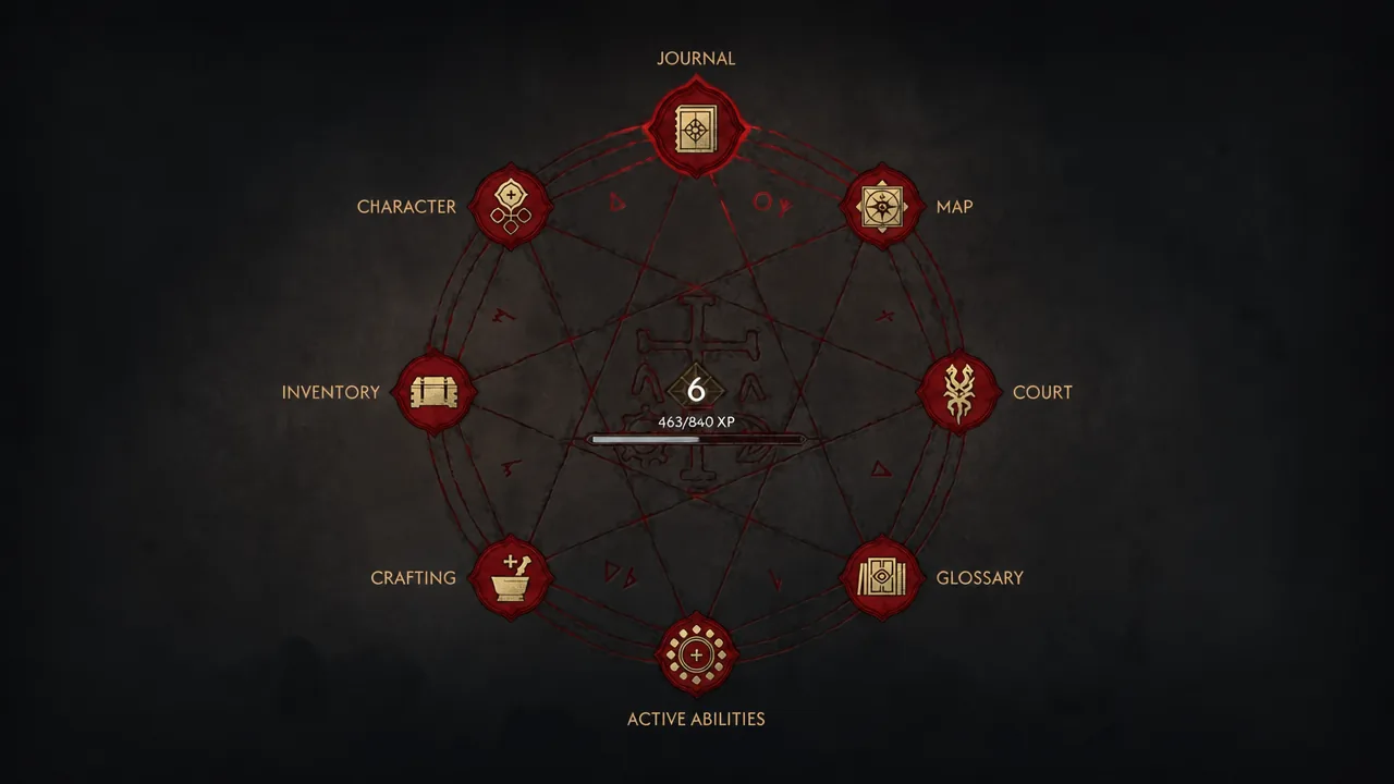 Radial menu open in The Blood of Dawnwalker with the Journal option highlighted