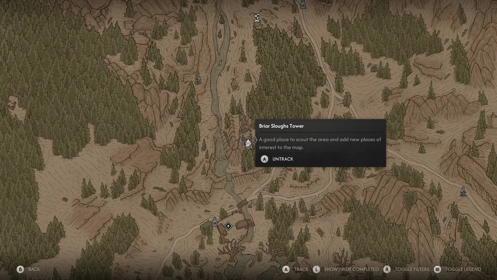 World map with the Briar Sloughs Tower location panel open and an untrack prompt visible