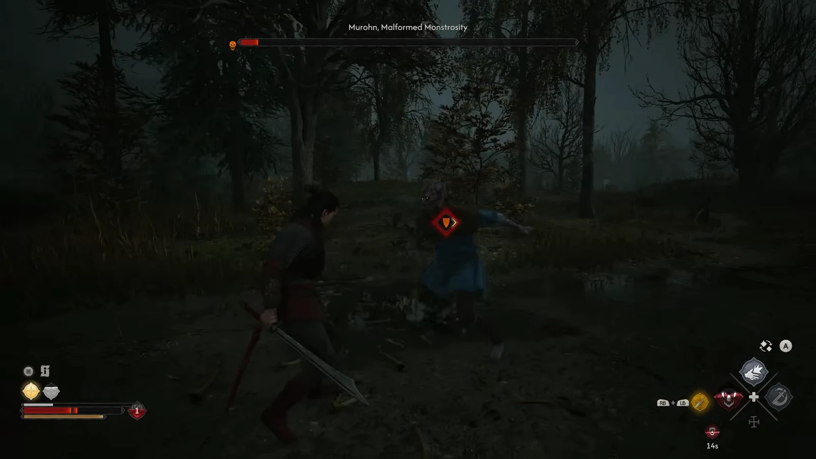Coen strikes Murohn, Malformed Monstrosity, with the boss health bar almost empty