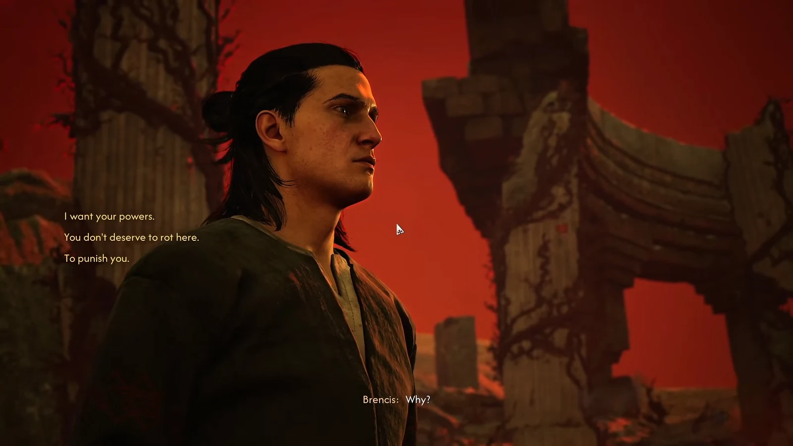 Dialogue options on screen as Brencis asks why he is being spared