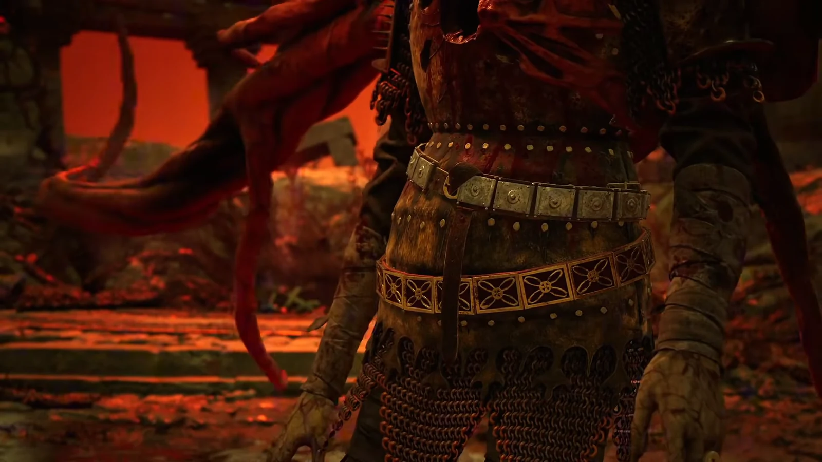 Brencis in his mutated form with red vine-like appendages rising in the arena