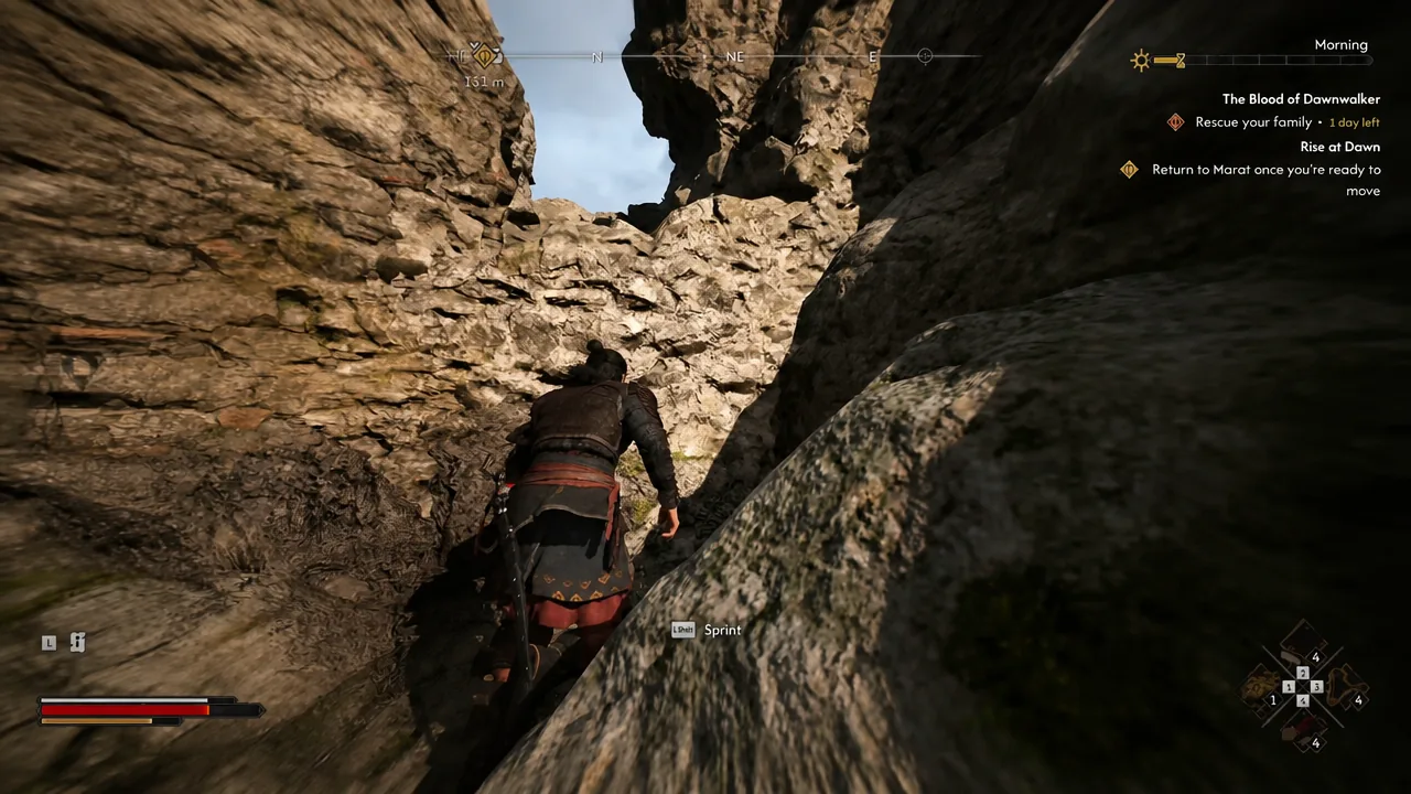 Coen sprinting up a narrow rocky passage beside the Svartrau city wall