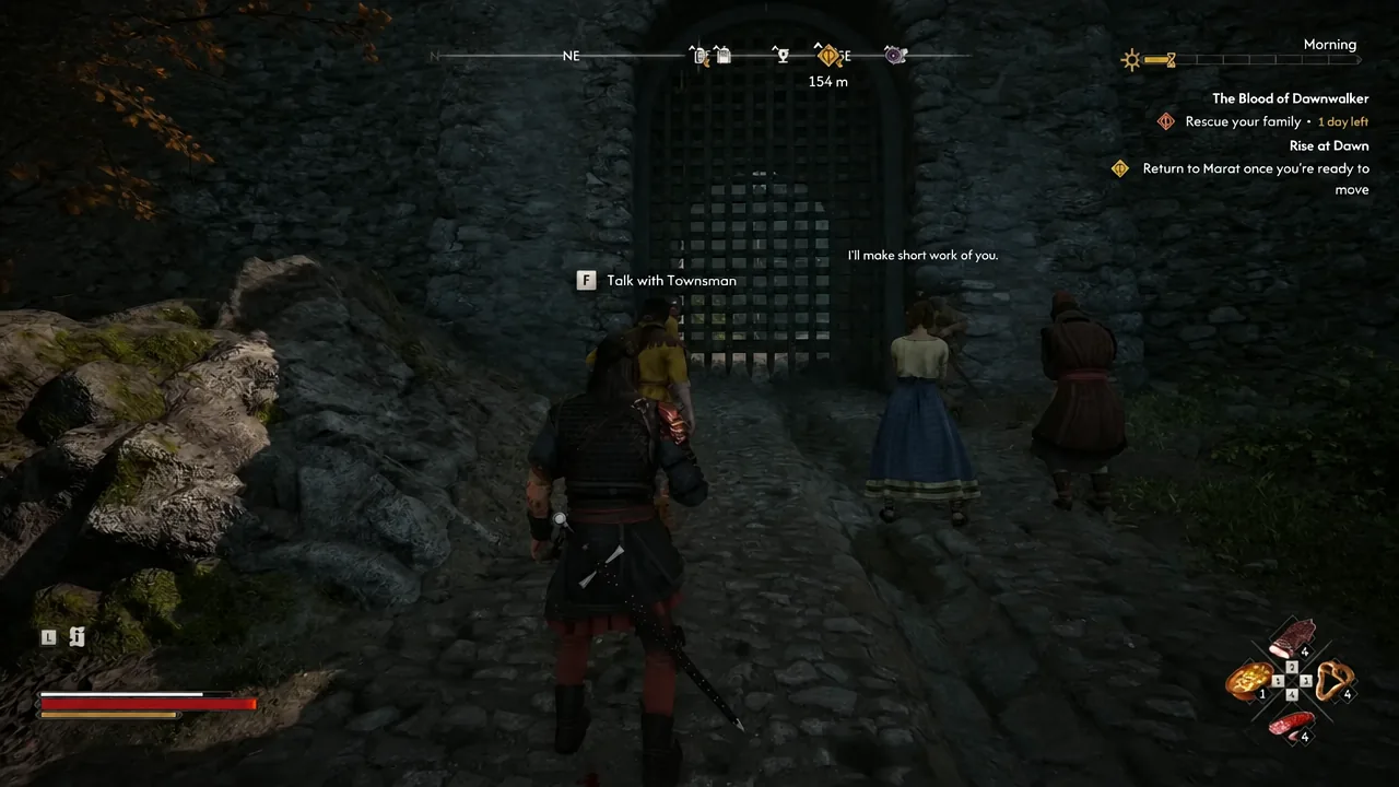 A townsman standing outside the sealed Svartrau gate with a Talk with Townsman prompt on screen