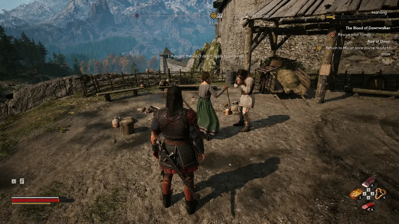 Coen talking to villagers with the quest tracker reading Return to Marat once you're ready to move