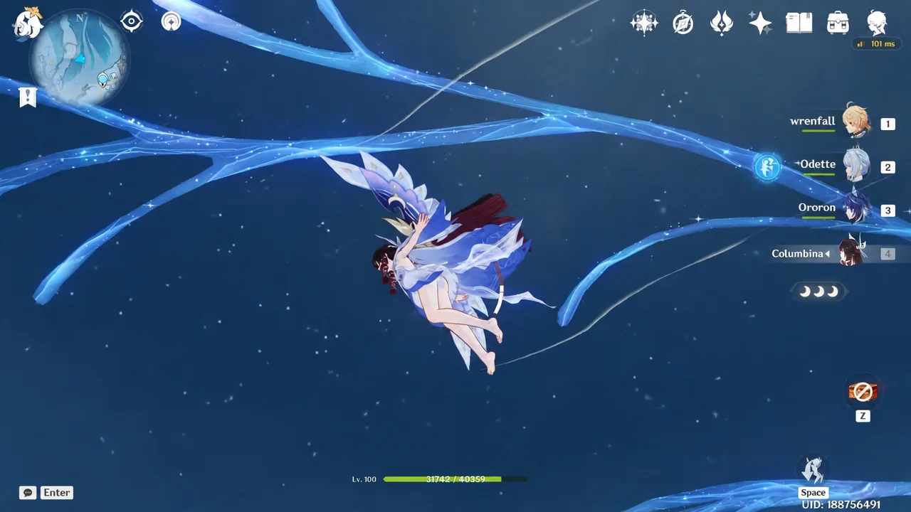 Player gliding into the glowing blue branches of the Tsar's White Birch and collecting resource pickups