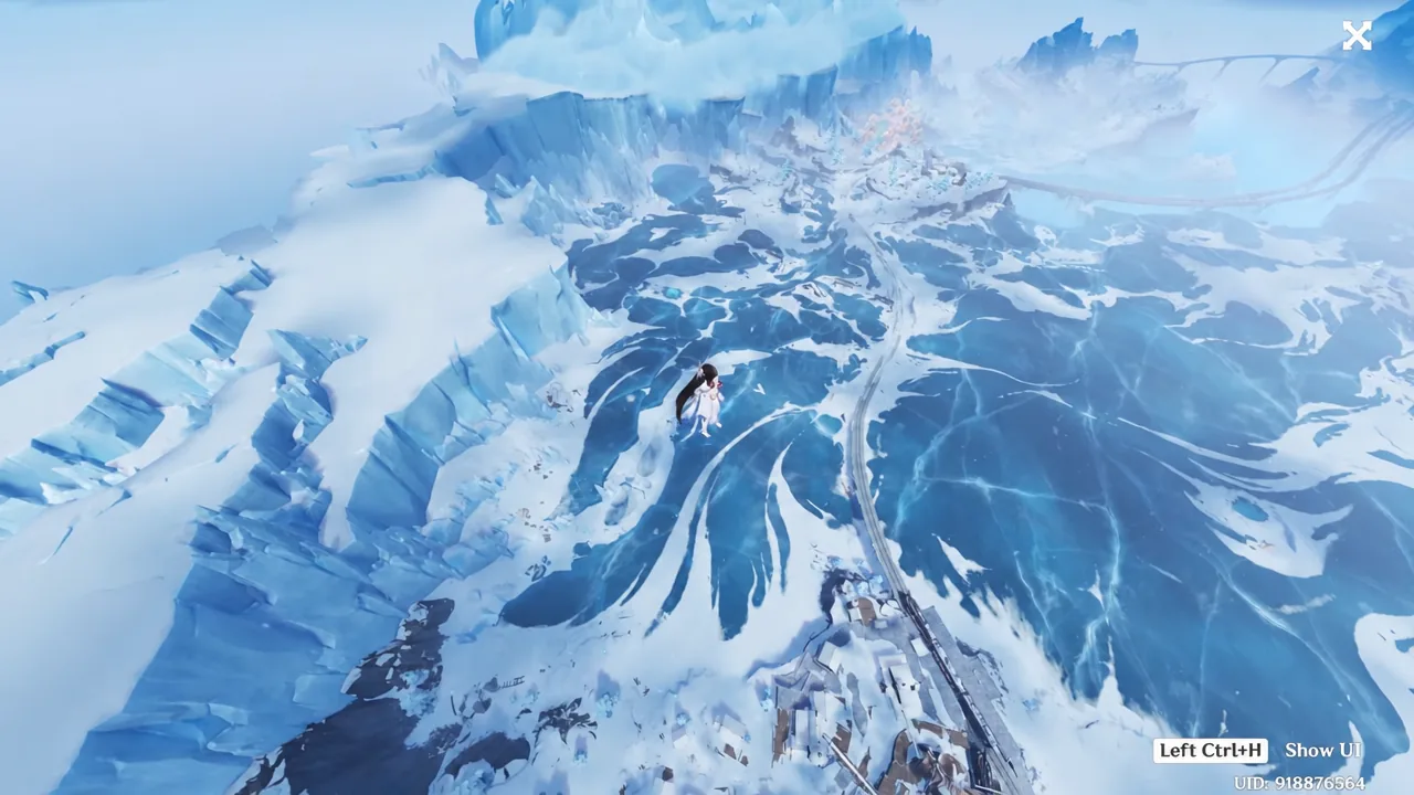 Character gliding above a snowy Snezhnaya landscape with the interface hidden and a Show UI prompt visible