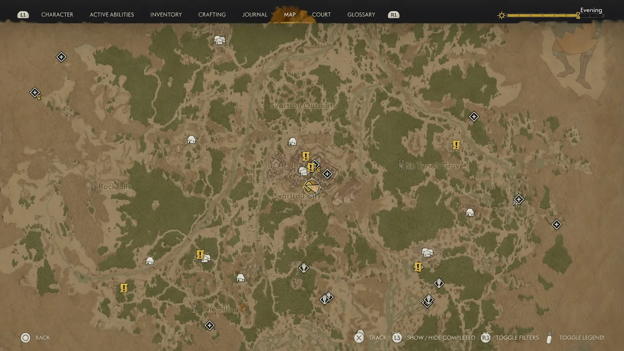 Regional map open with quest and location markers, including Crake's position in Svartrau City