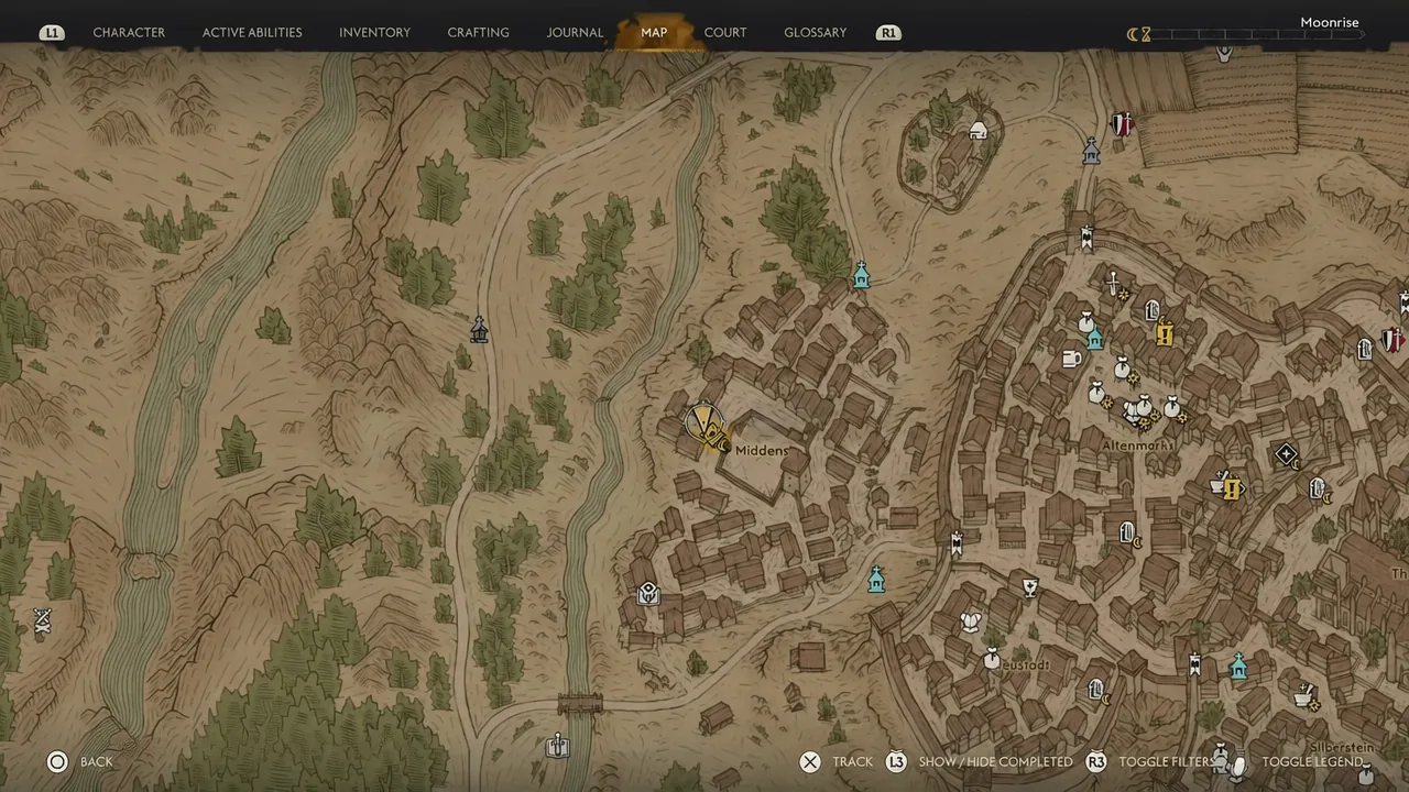 Map view with the Middens district marker selected in Svartrau City