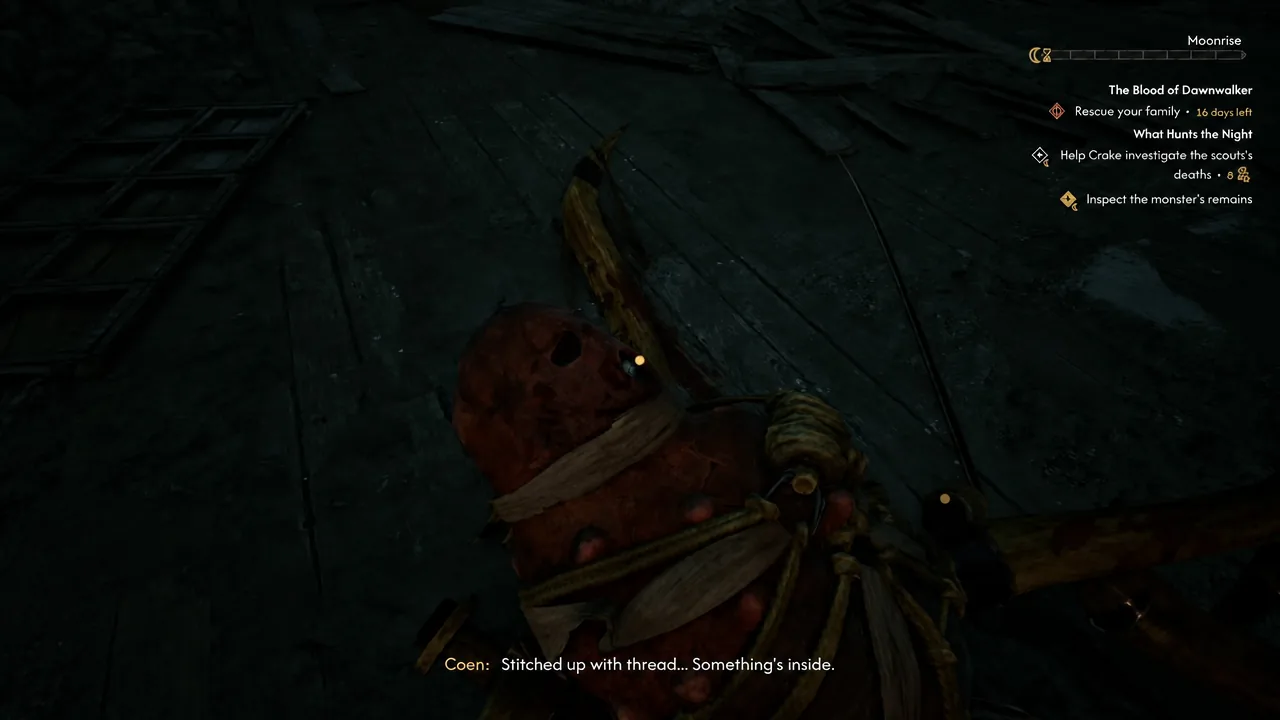Quest tracker showing Inspect the monster's remains while Coen examines the stitched corpse