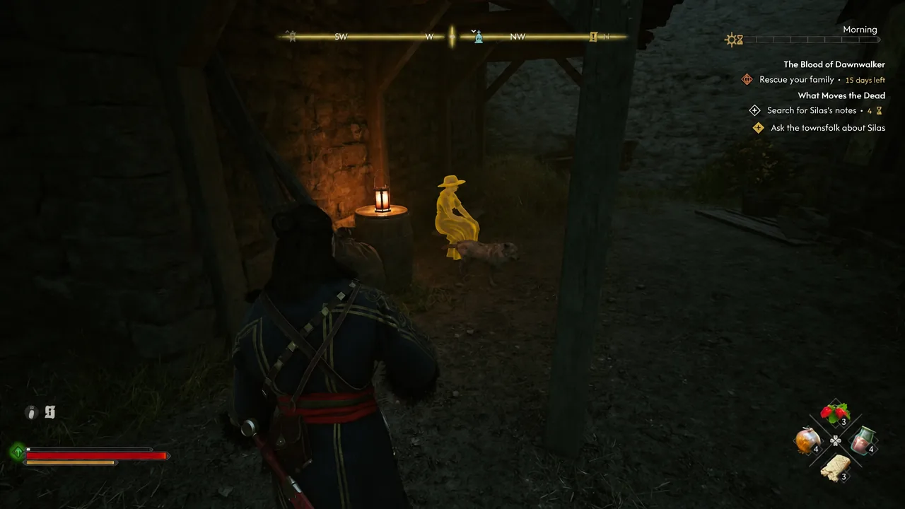 Coen approaches a yellow-highlighted townsperson beside a lantern while the objective to ask about Silas is active