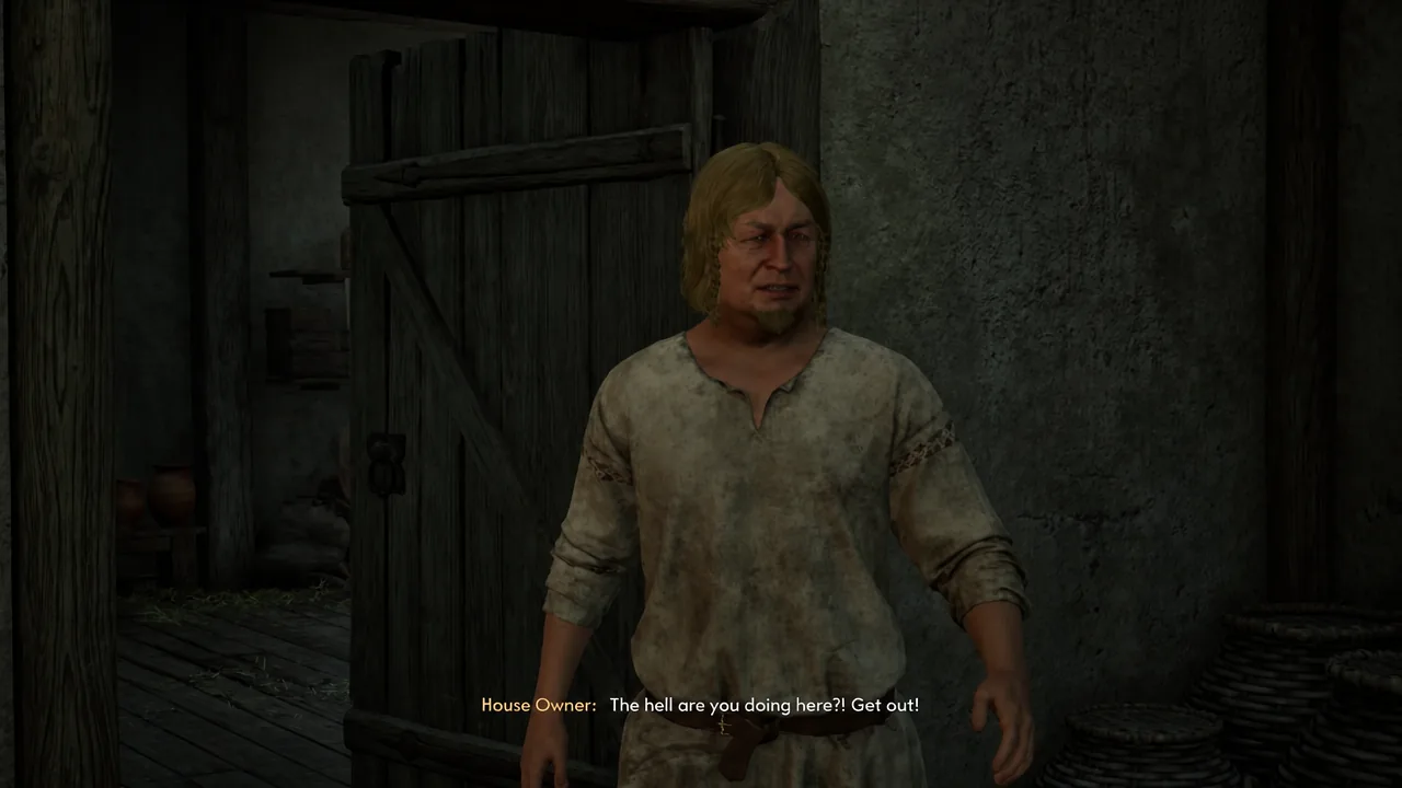 The House Owner confronts Coen in dialogue and orders him to leave the property