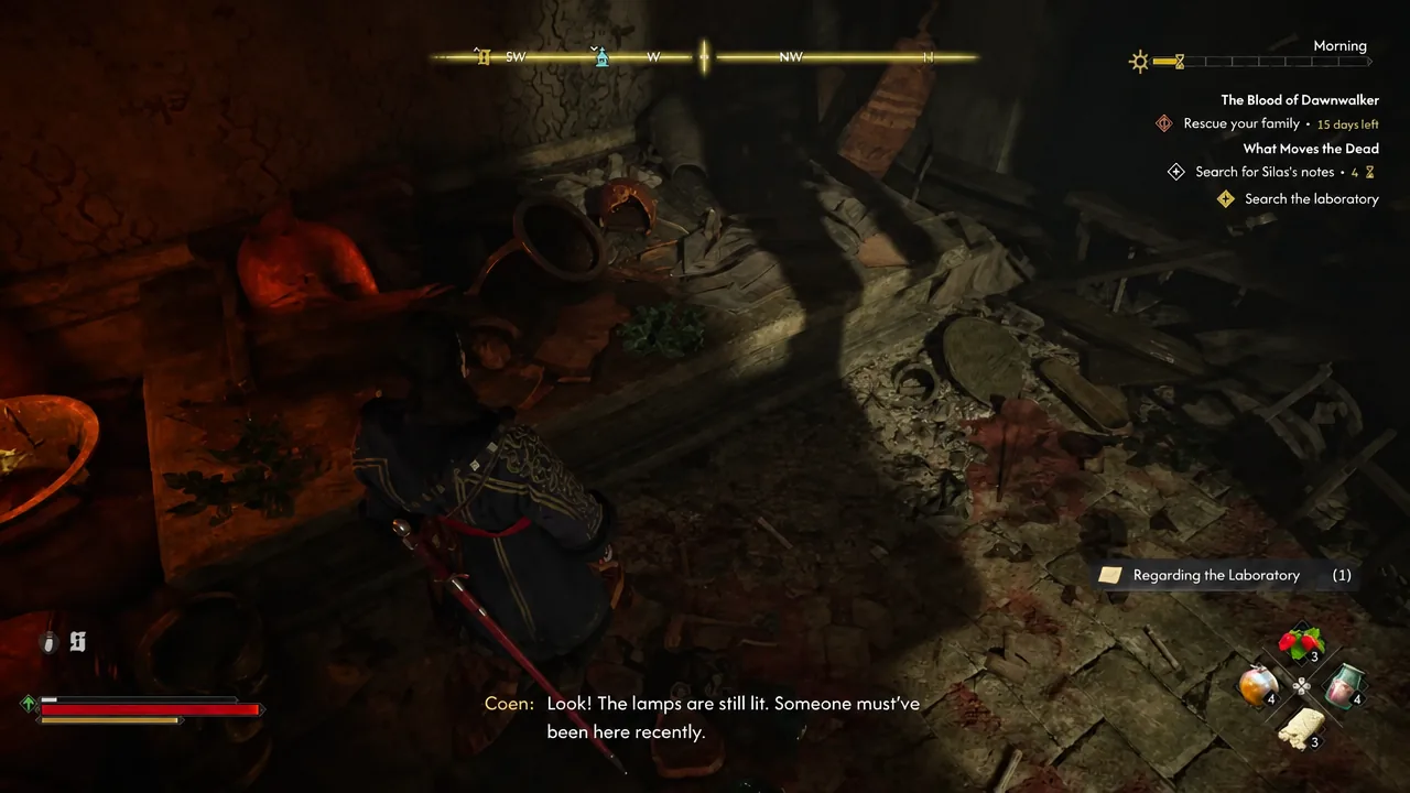 The quest tracker shows the Search the laboratory objective while Coen explores the underground ruins