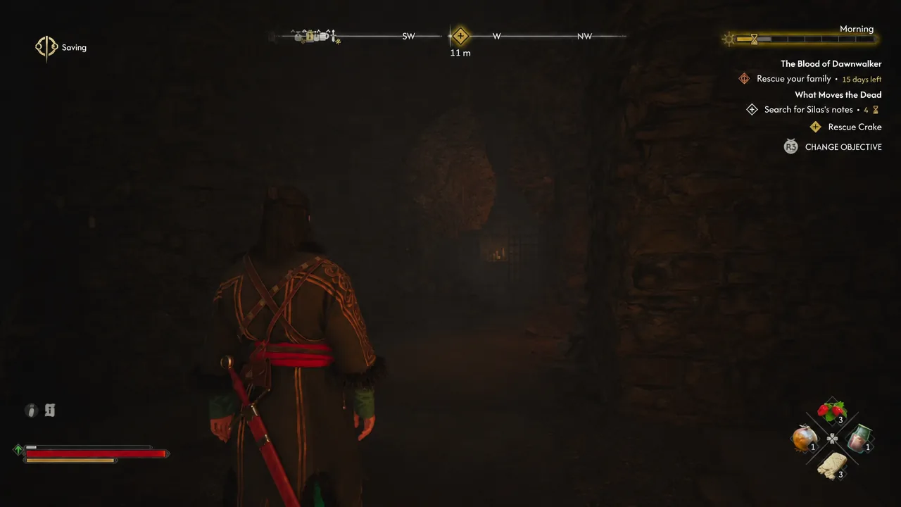 The objective tracker updates to Rescue Crake as the game autosaves inside the dark ruins