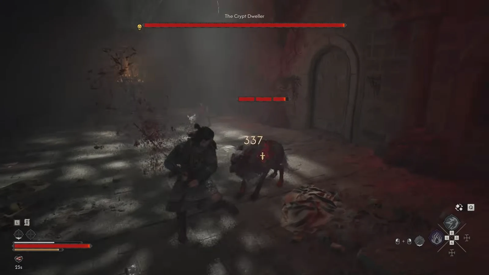Combat against the Crypt Dweller boss with its health bar shown and a 337 damage hit