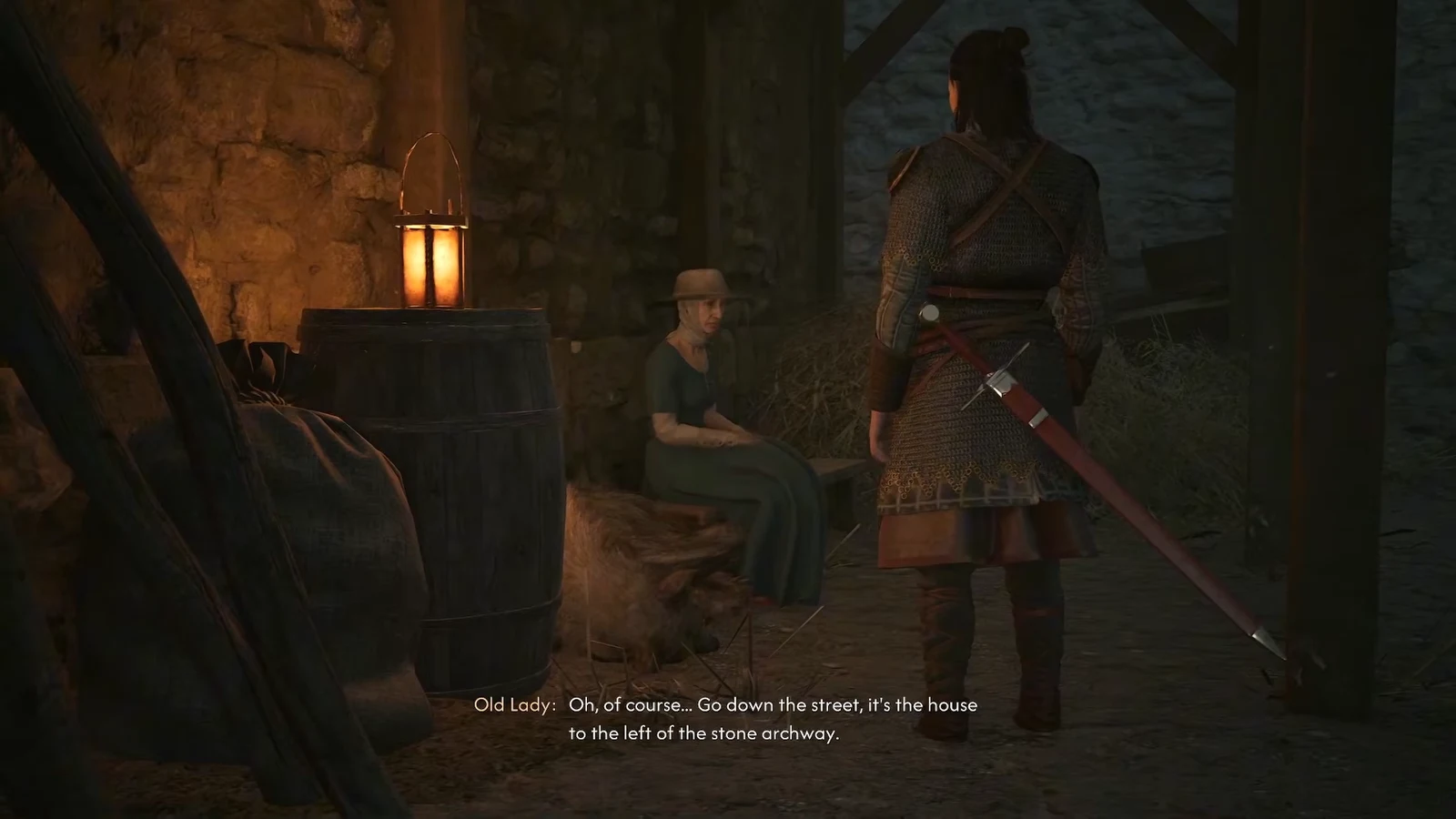 Old Lady dialogue cutscene pointing Coen toward the house left of the stone archway
