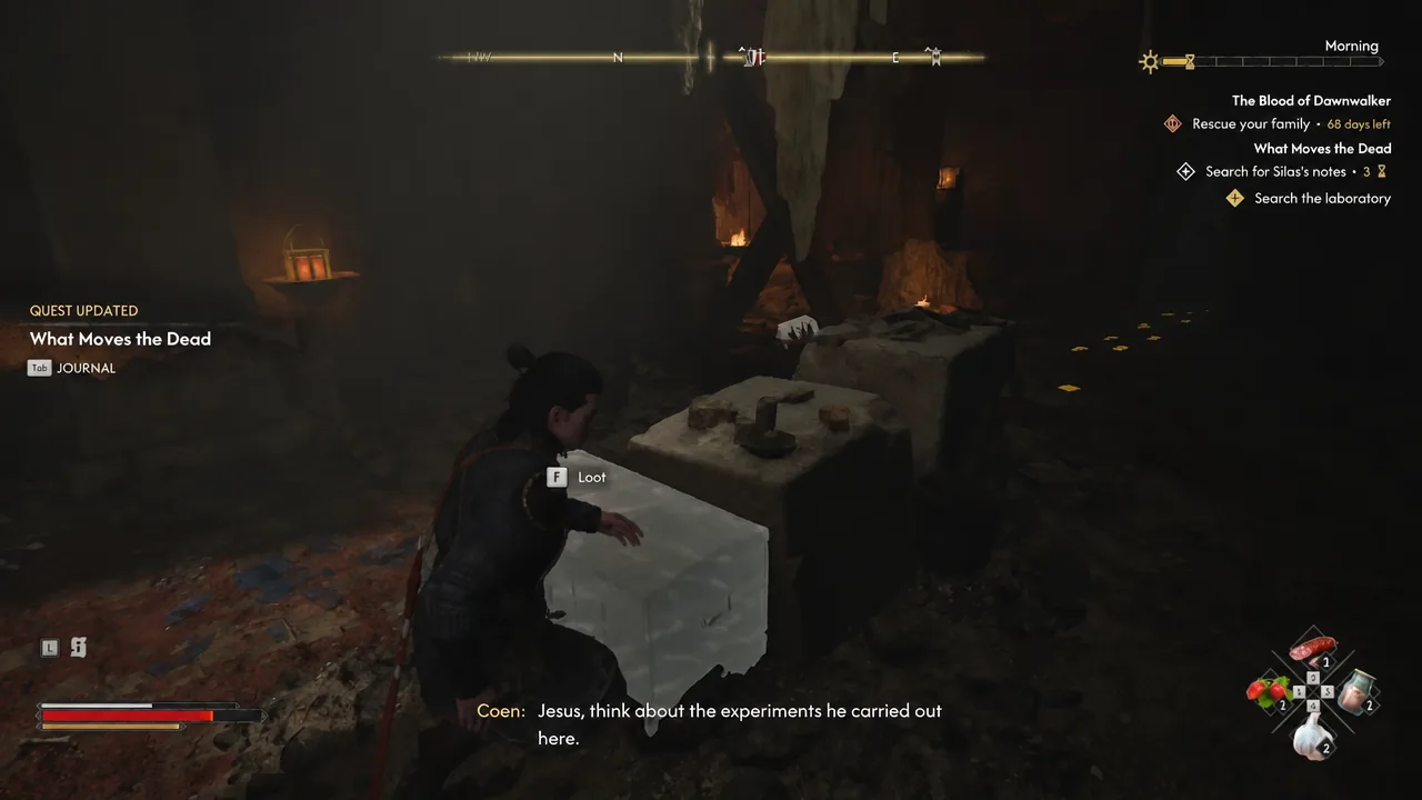 Gameplay view showing the F Loot prompt on a white container inside Silas's laboratory