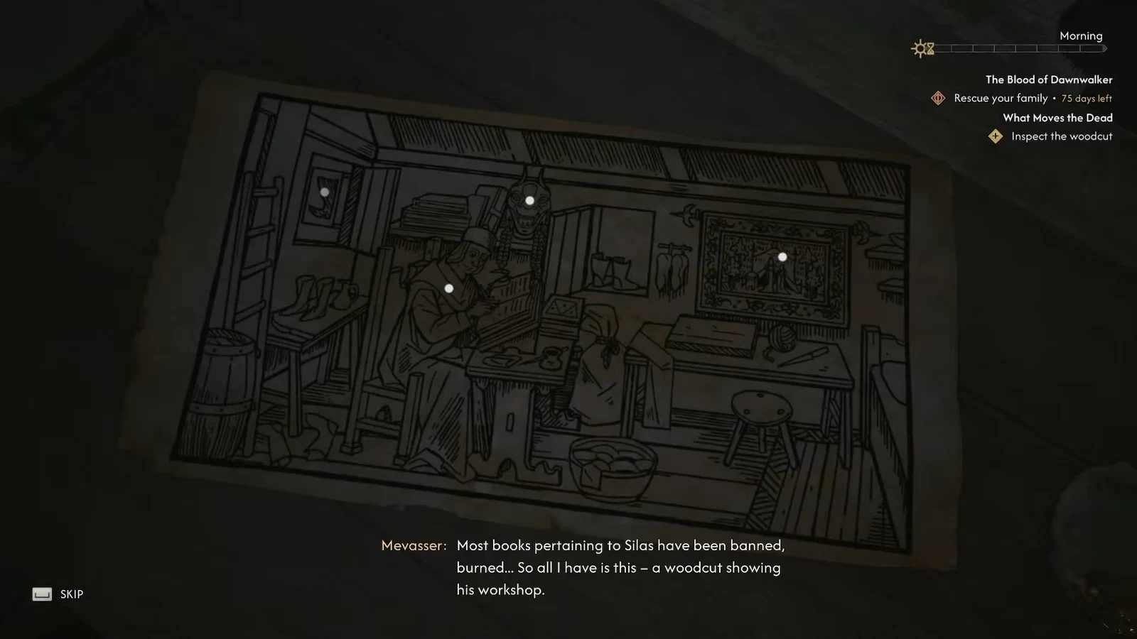Inspection screen showing the woodcut of Silas's workshop with clue points to examine
