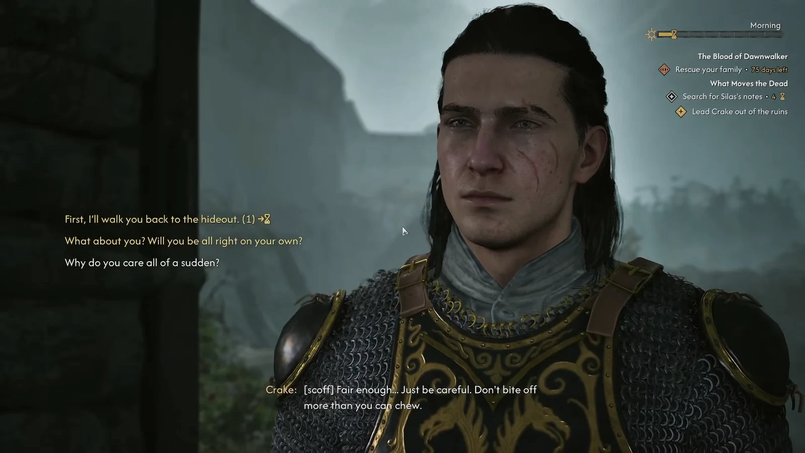 Dialogue choice to walk Crake back to the hideout highlighted during conversation