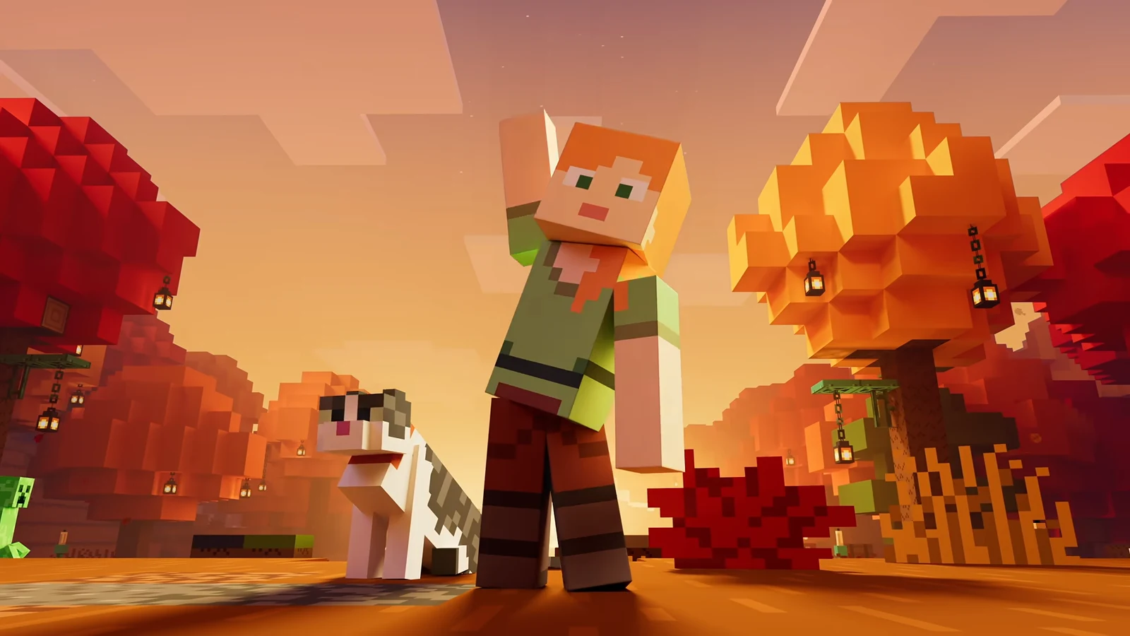Alex, a cat, and fellow adventurers charging forward at sunset in the Minecraft Live trailer