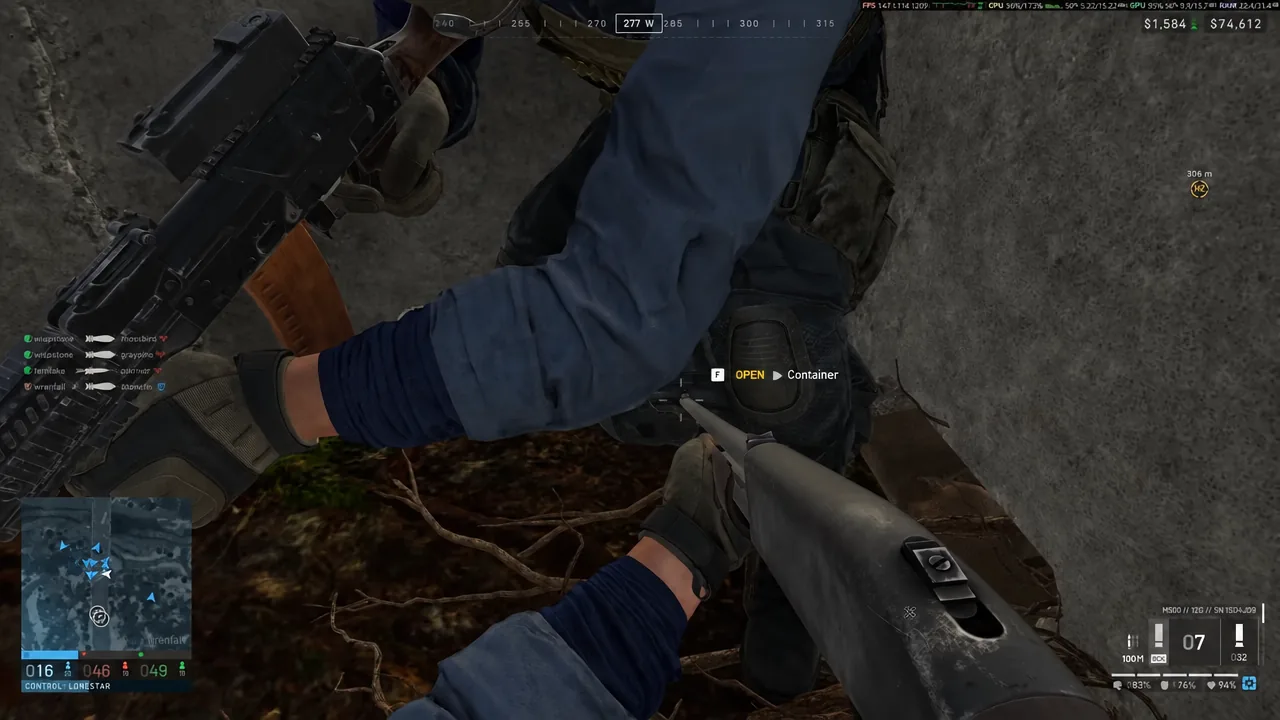 On-screen prompt reading F OPEN Container while looting a second dropped bag