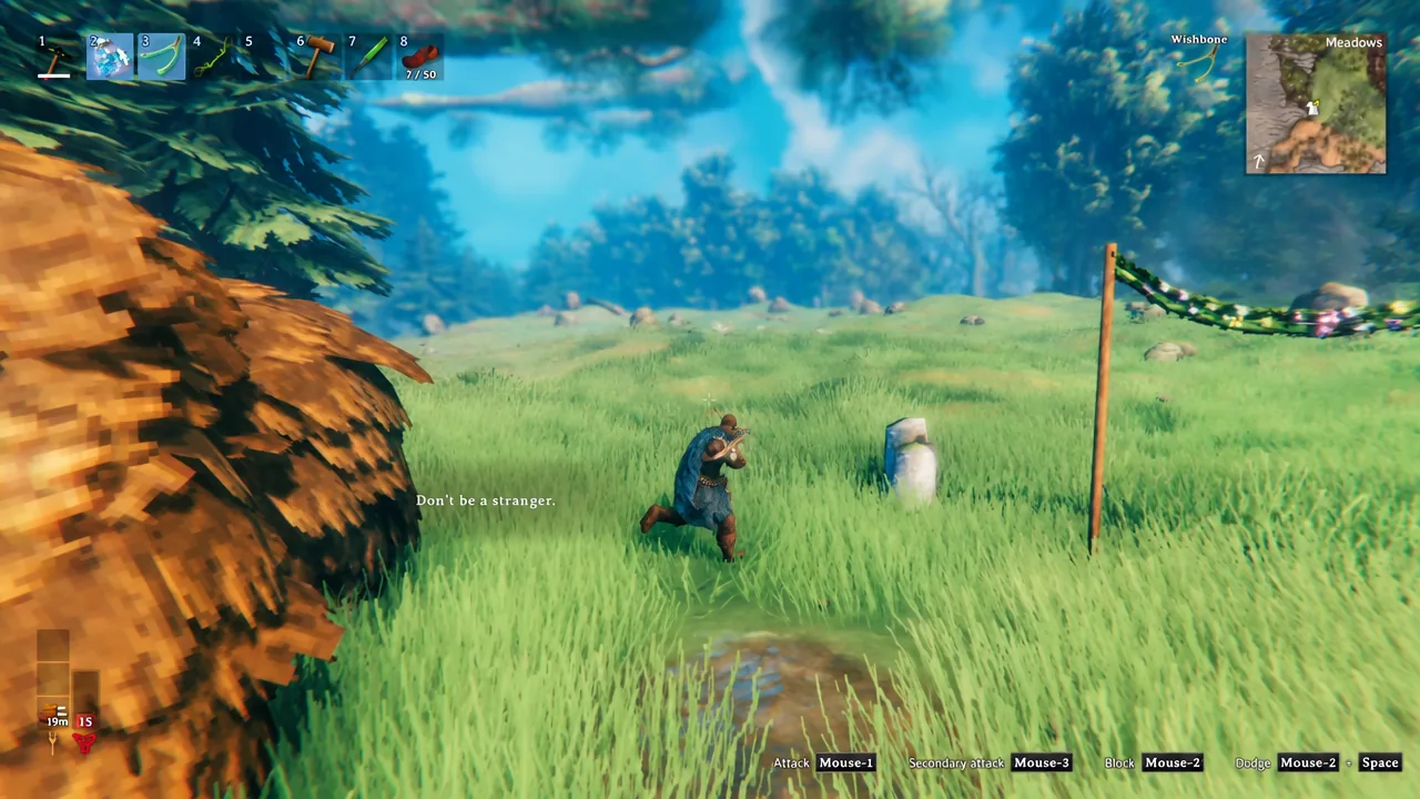 Player aiming a bow from hotbar slot two while crossing open Meadows terrain in Valheim