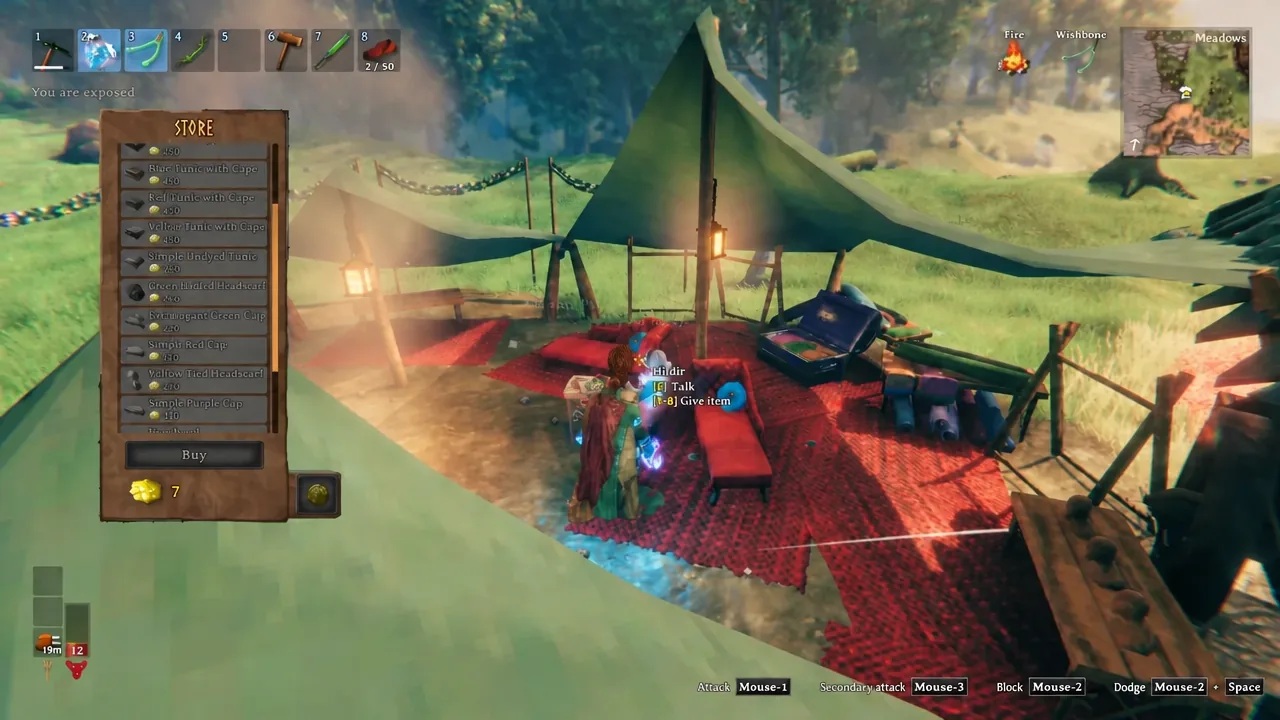 Hildir's store menu open in Valheim with newly unlocked dresses and tunics listed for coins
