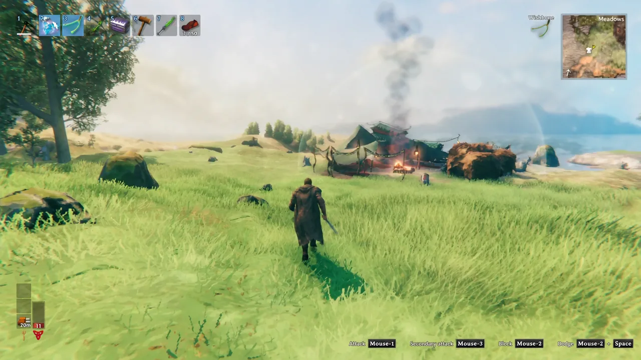Valheim hotbar with the second slot highlighted while approaching Hildir's banner-lined camp