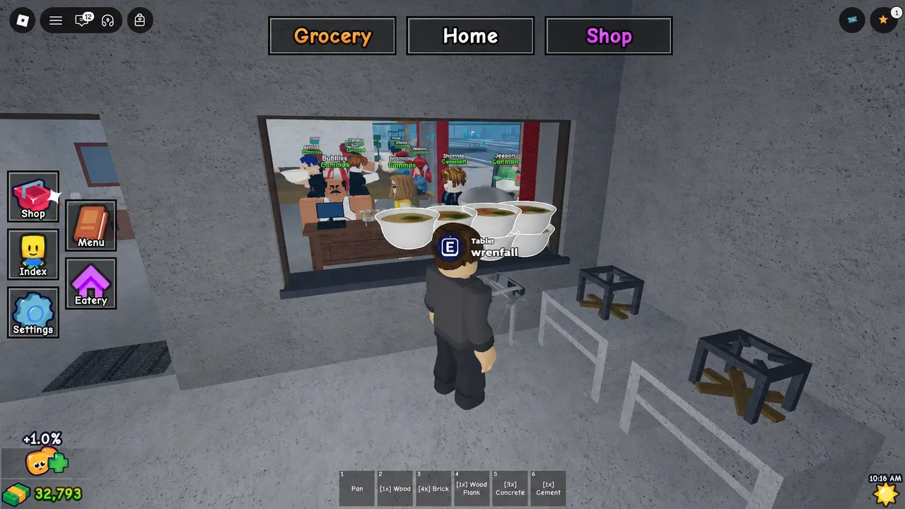 Player serving customers at fully occupied tables while collecting cash earnings inside the eatery