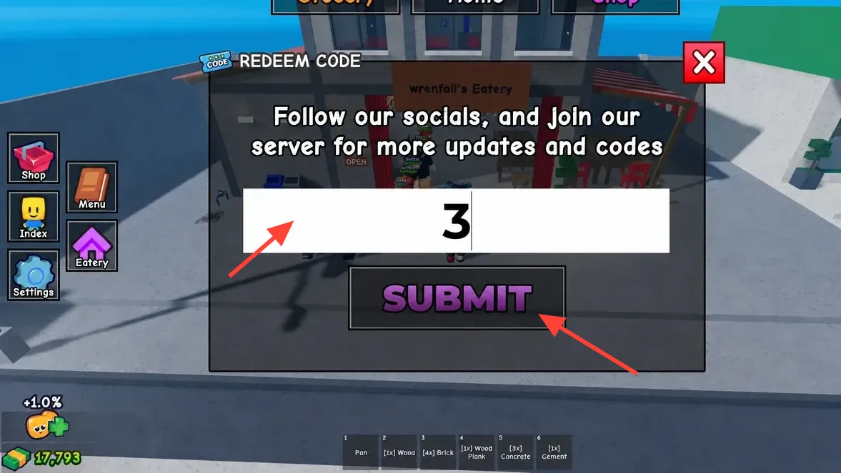 Karinderya Redeem Code screen with a code being typed into the field before pressing Submit