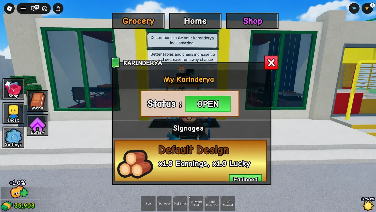 Karinderya My Karinderya screen showing the green OPEN status button with the Default Design signage equipped