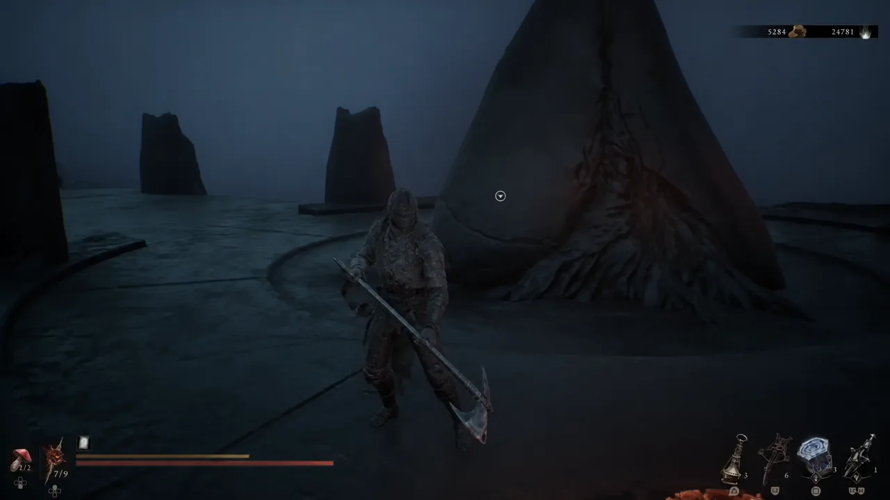 Aiming across an open area toward a huge stone structure with a polearm equipped