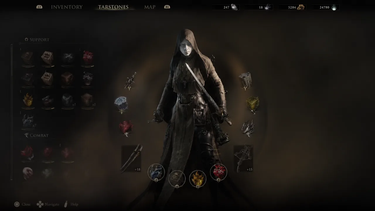 The Tarstones equipment menu open, showing support and combat Tarstone slots