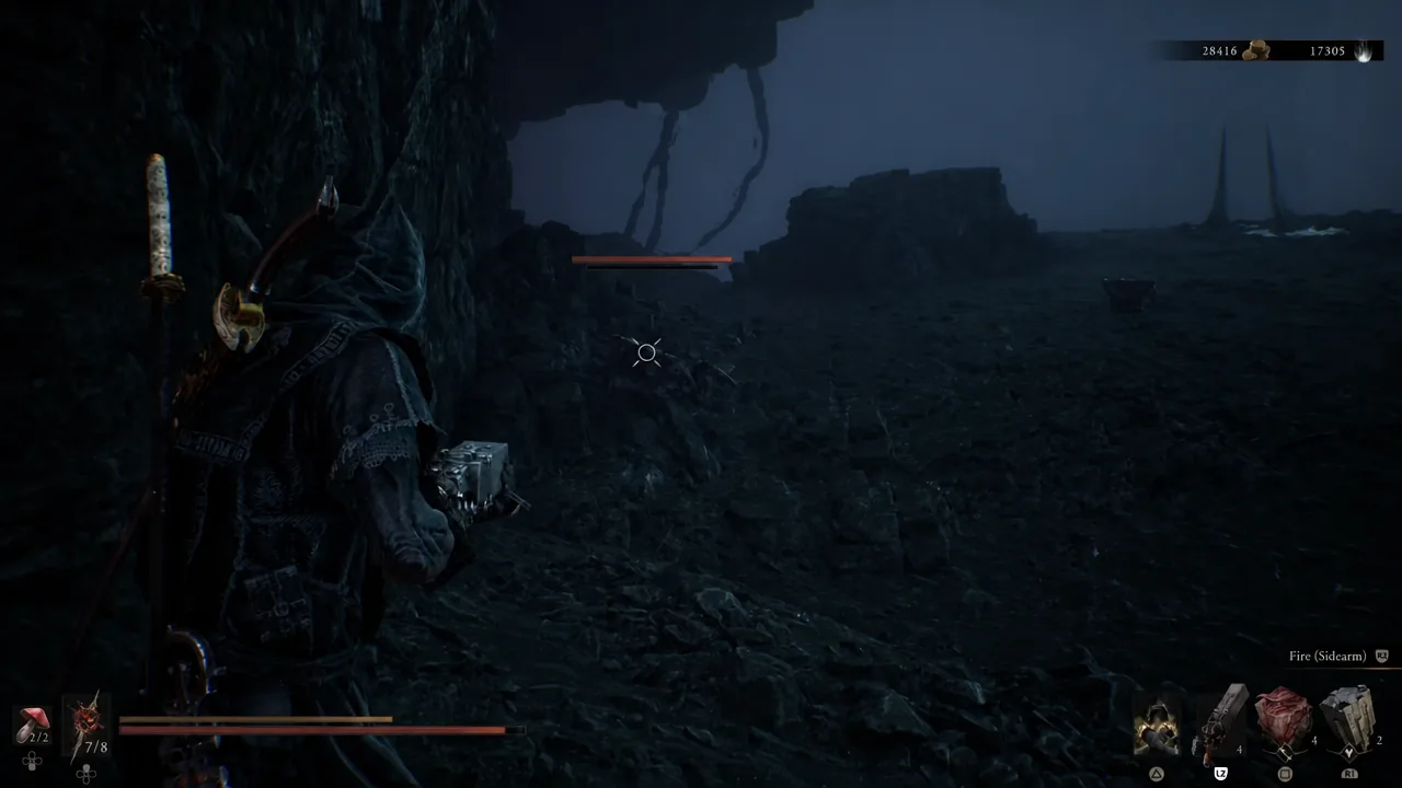 Player lining up a Sidearm shot on an enemy with the Fire prompt on screen