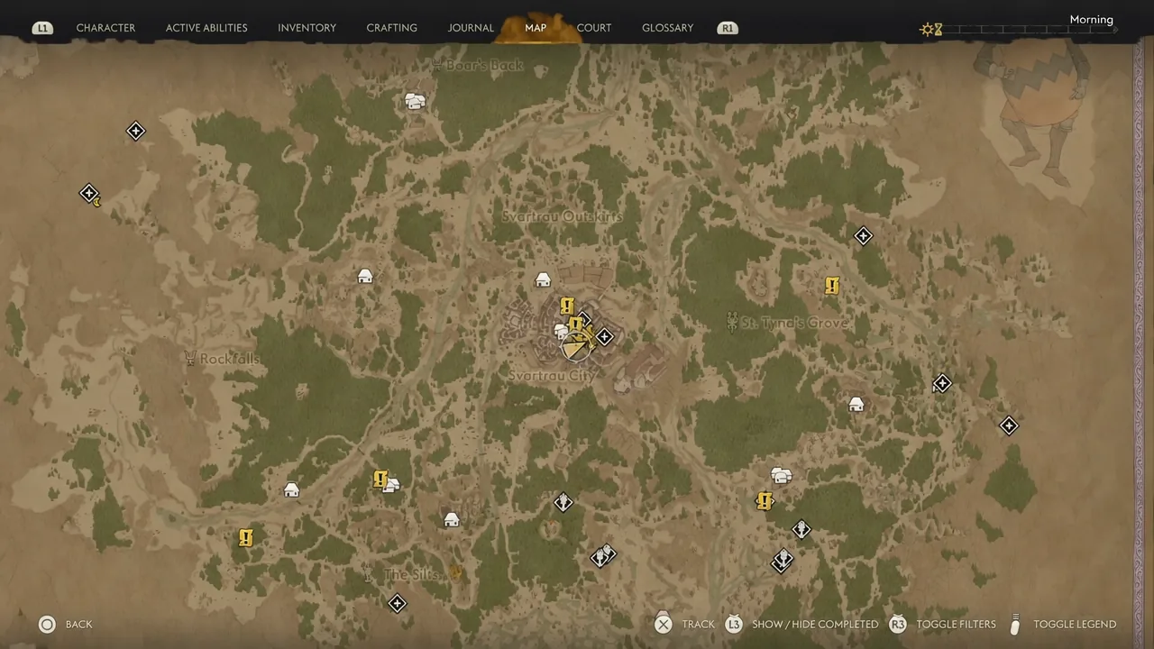 Open map of Svartrau City with the Where Loyalty Lies objective marker set on the plaza.