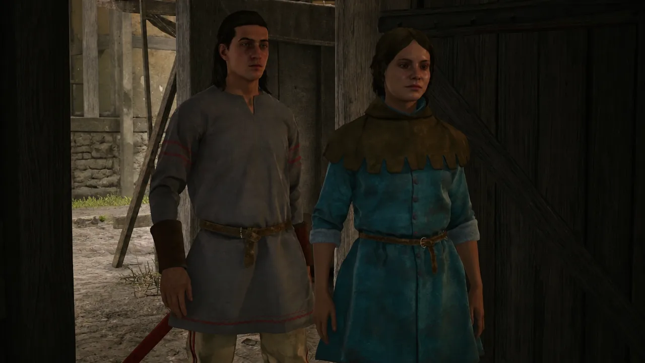 Coen and Sara talking in the doorway of the weaver's shop before heading down to the hideout.