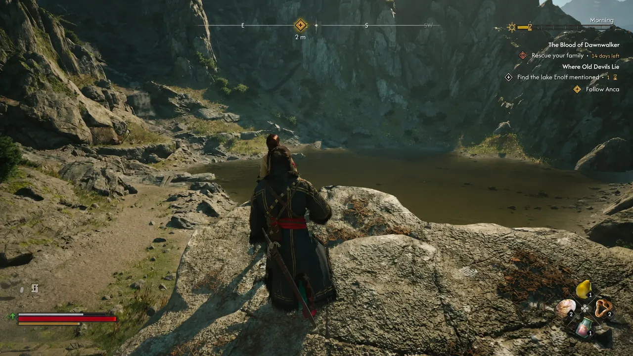 Quest tracker reading Follow Anca as Coen trails her through a mountain valley