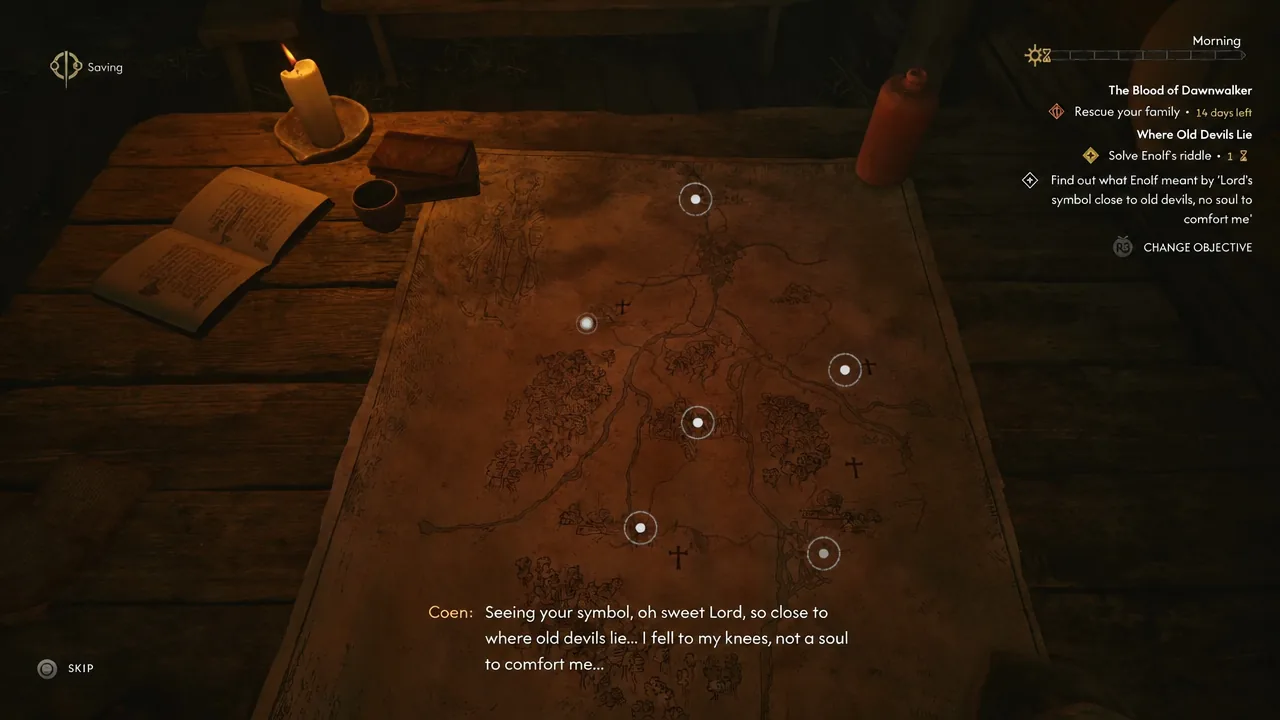 Map puzzle screen with the remote mountain shrine selected as the answer to Enolf's first clue