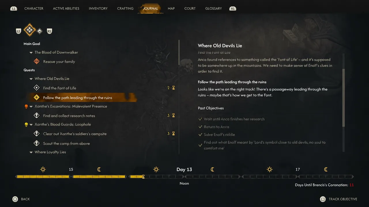 Journal entry highlighting the objective Follow the path leading through the ruins